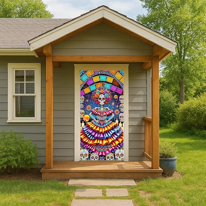 2D flat Colorful Sugar Skull Day of the Dead Door Decorations Día de los Muertos Door Cover Banner Indoor Outdoor Front Door 71x35 Inch