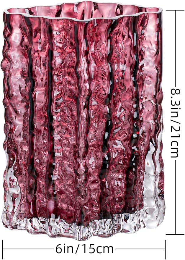 Glass Vase for Centerpieces, Diamond Shaped Vase for Flower, Modern Glacier Glass Vase for Home, Office Restaurant Desk Decor 8.3 Inch(Wine Red)