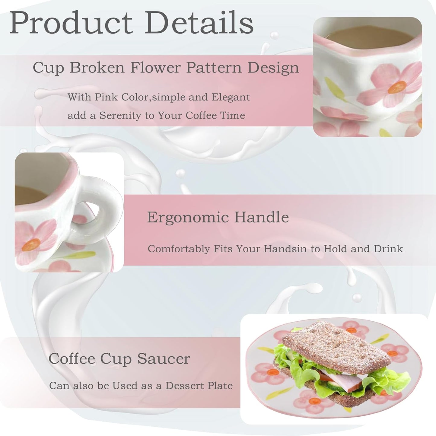 Coffee Mugs Set with Saucer Cute Flowers Cup Gifts for Women Birthday Tea Coffee Mug with Coaster 250 ML Ceramic Cup Birthday Gift for Women Girls Mom Friend Coffee Mug Tea Cup Saucer Set