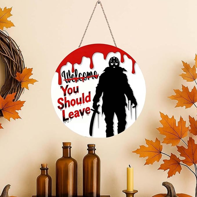 Halloween Welcome Sign for Front Door Welcome You Should Leave Horror Scream Front Door Halloween Decor Sign Ghost Face Wall Decoration for Indoor Outdoor 12×12in