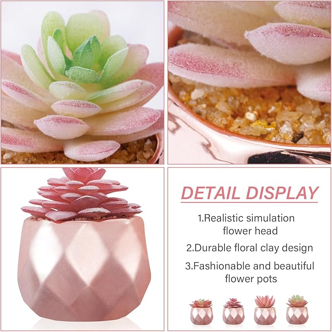 Tiita 4 Pack Artificial Faux Succulents in Pots, Mini Rose Gold Fake Plants for Women Desk, Small Realistic Faux Succulents for Home Office Accessories Window Sill Bathroom Bedroom, Rose Gold