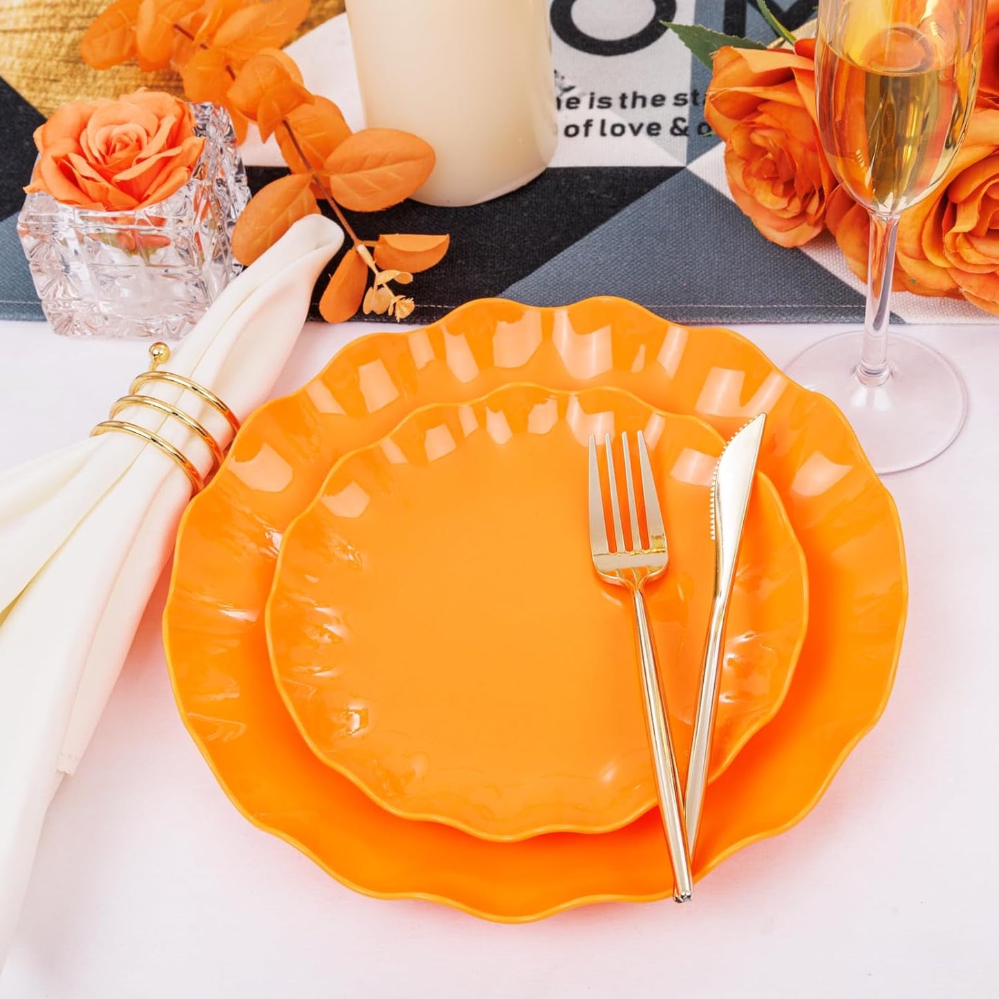 LIYH 24 Pcs Orange Scalloped Plates - Sturdy Plastic Orange Plates for Halloween & Thanksgiving Party Dishwasher Safe Reusable (12 Guests)