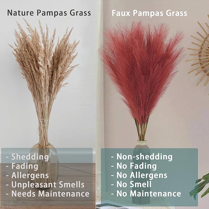 38" 10 Stems Faux Pampas Grass Tall - Red Tall Pampas Grass Decor Pompas Floral Arrangement and Vase Filler for Boho Home Wedding Mothers Day Decoration