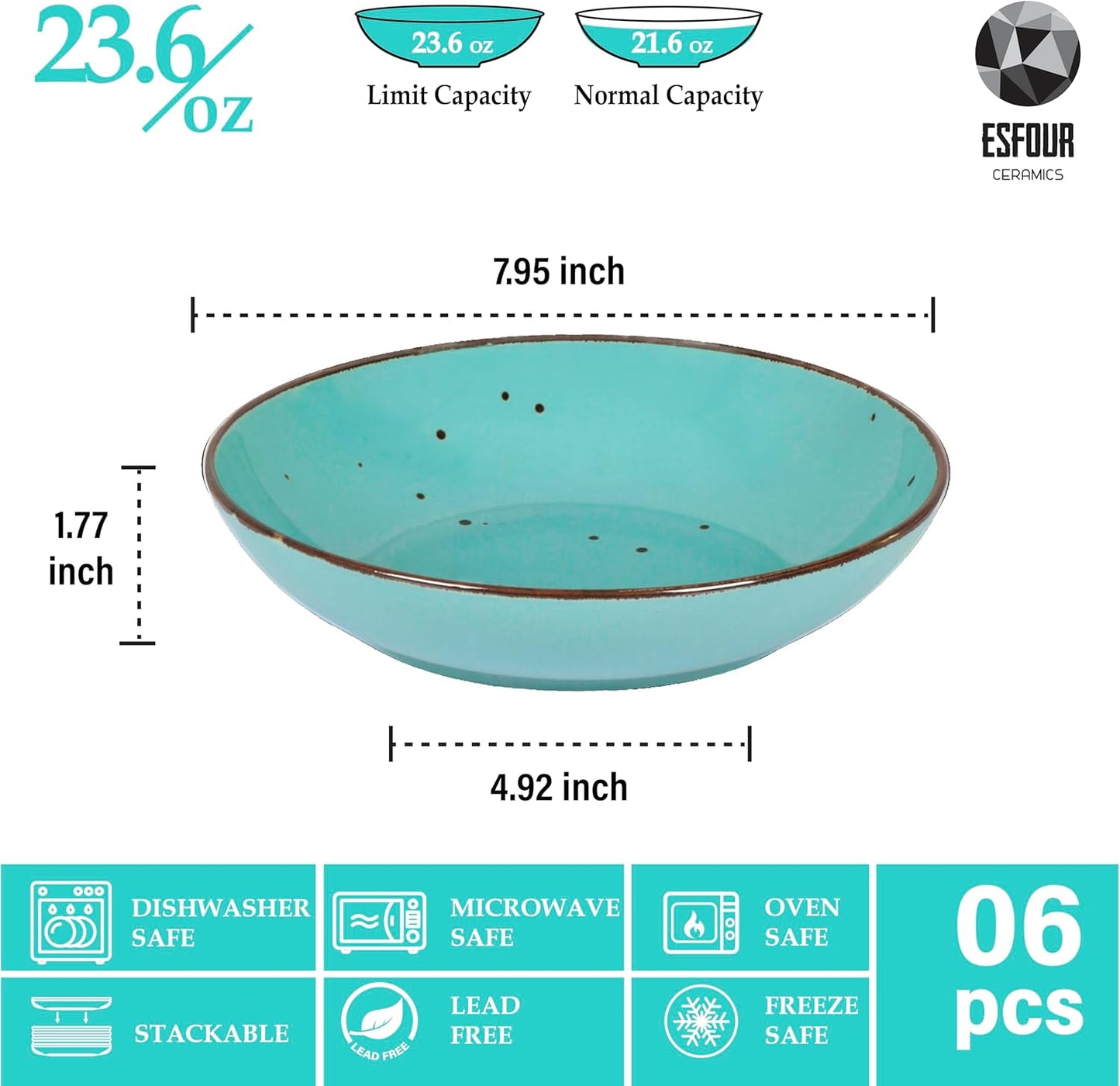 Esfour 8 Inch Porcelain Pasta Bowl, 23.6 Ounce Salad Bowls, Microwave & Dishwasher Safe, Sturdy & Stackable, Set of 6 Ceramic Bowl Plate Set, Wide Shallow Salad Bowls, Natural Assorted Colors