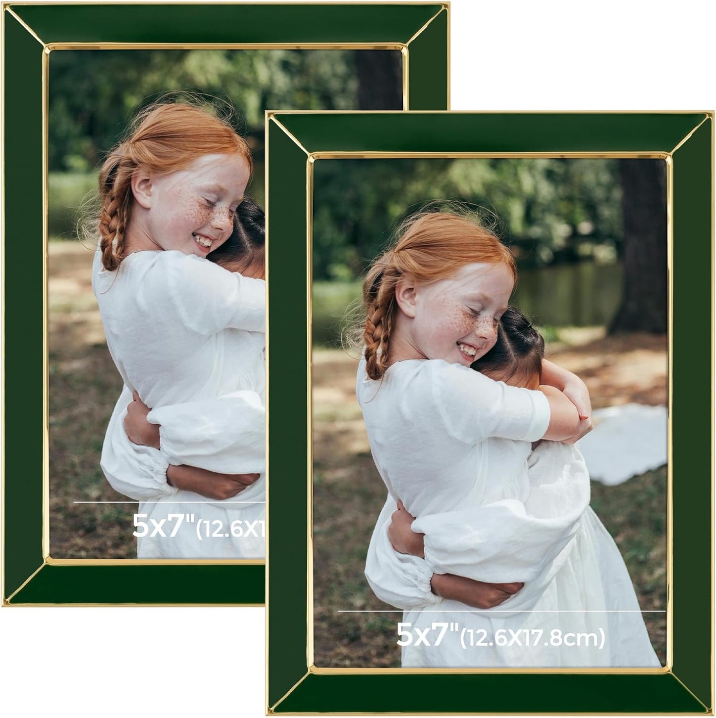 Frametory Enamel Picture Frame - 5x7 Gold Metal Edge Green Enamel Picture Frame With Easel and Velvet Back for Tabletop Display, Bookshelf, 5x7 Wall Decoration, Photo Frames-2 Set