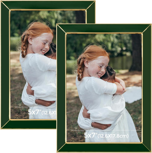 Frametory Enamel Picture Frame - 5x7 Gold Metal Edge Green Enamel Picture Frame With Easel and Velvet Back for Tabletop Display, Bookshelf, 5x7 Wall Decoration, Photo Frames-2 Set