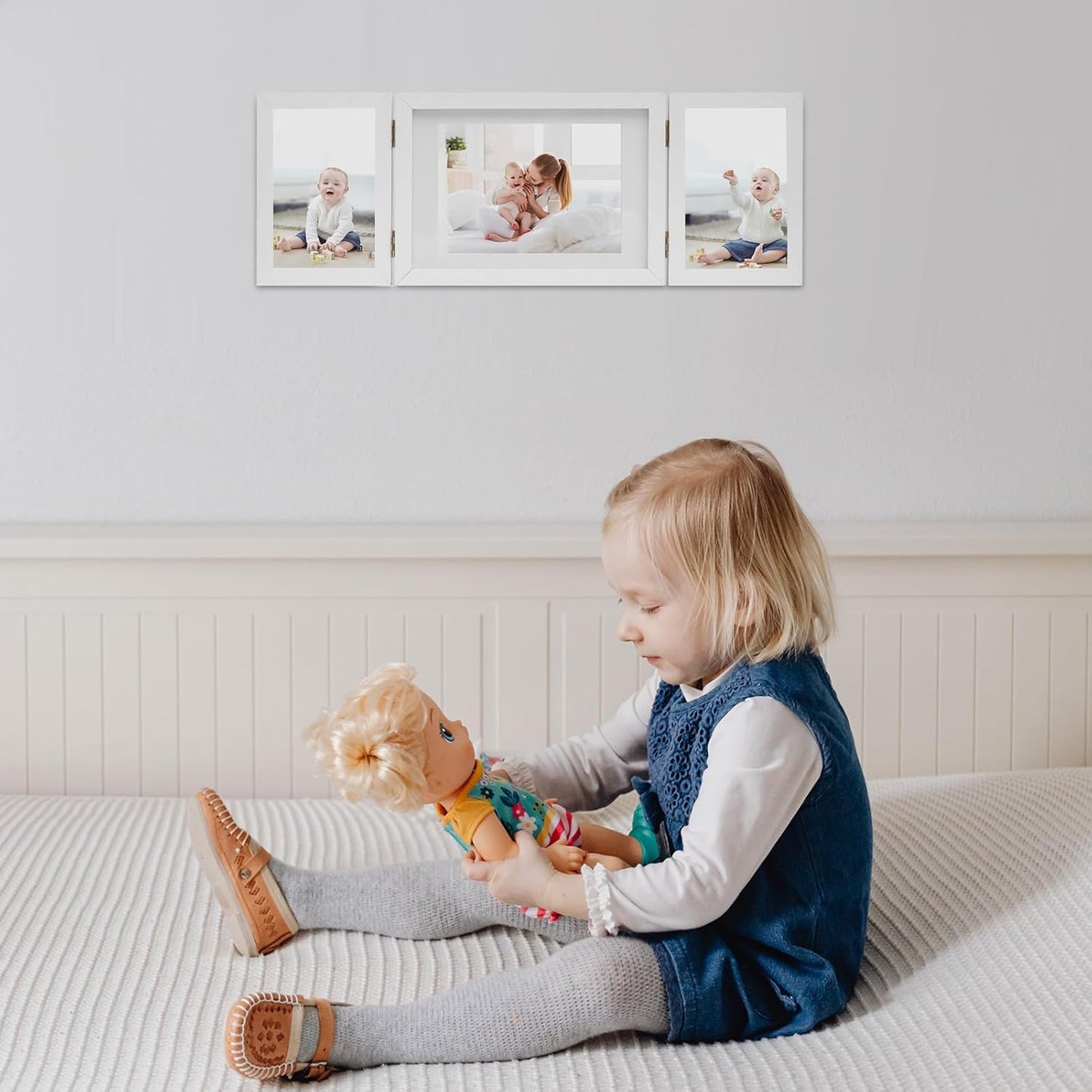 Hinged 3 Picture Frame 4x6 & 5x7 Folding Collage Photo Frames Multiple Wooden Desk Picture Frames with Mat for Office Tabletop or Wall Decor, White