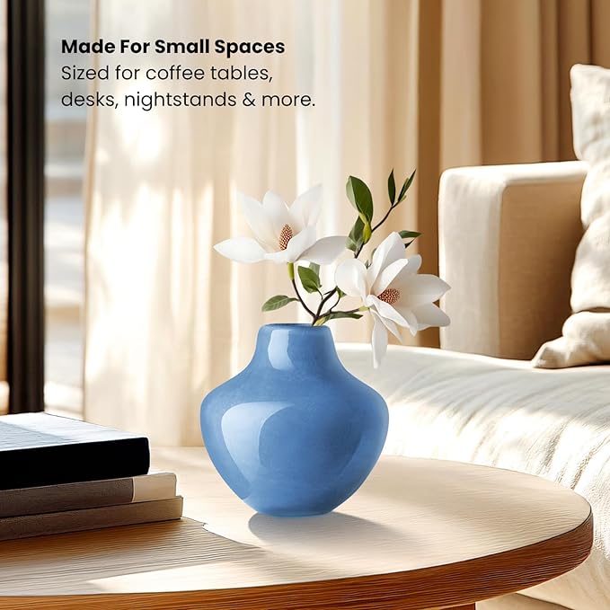 Torre & Tagus 4" Mouth Blown Art Glass Vase for Flowers - Opaque Blue Small Table Vase & Handmade Small Blue Accent for Coastal Home Decor, Neutral Bud Vases as Decorative Shelf Decor or Wedding