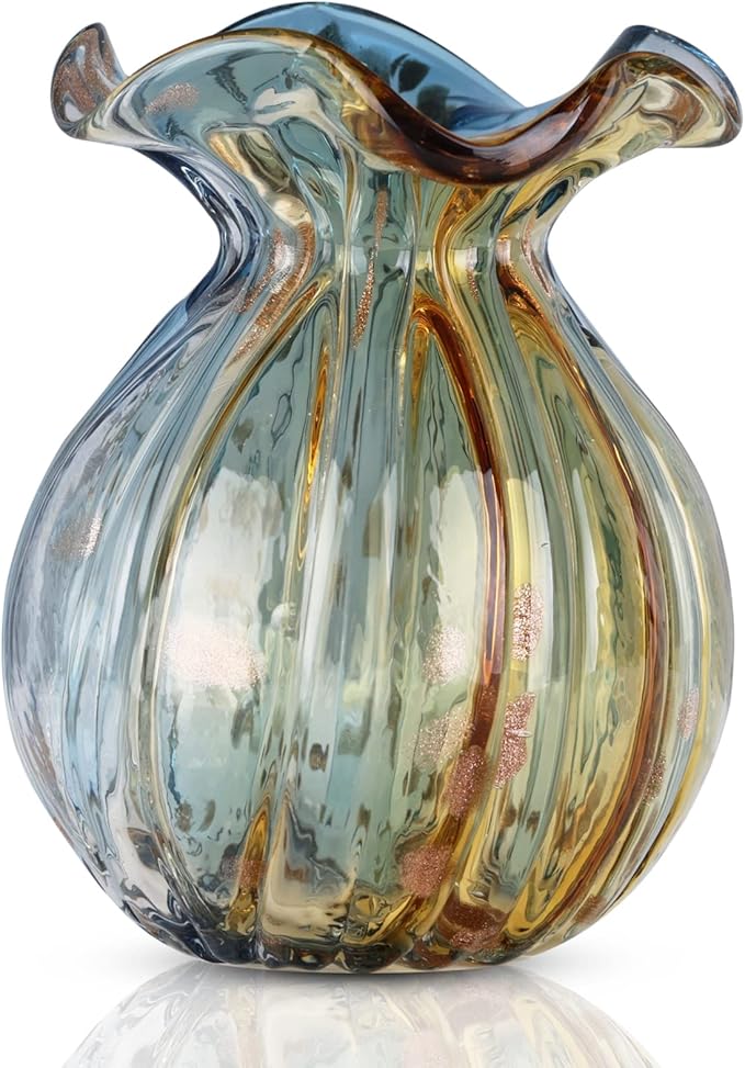 Blown Gradient Glass Art Vase - Transparent, Unique, Modern Art - Wide Mouth for Living Room, Wedding, Dining Table, Office Center Table Display Flower