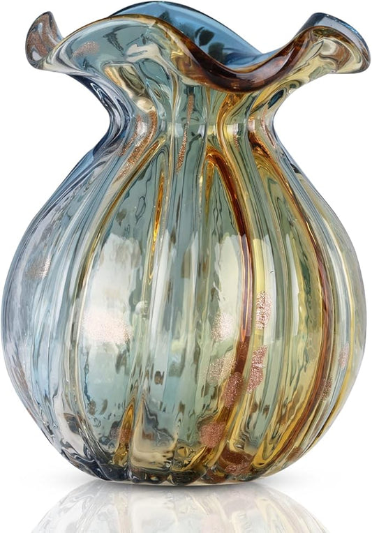 Blown Gradient Glass Art Vase - Transparent, Unique, Modern Art - Wide Mouth for Living Room, Wedding, Dining Table, Office Center Table Display Flower