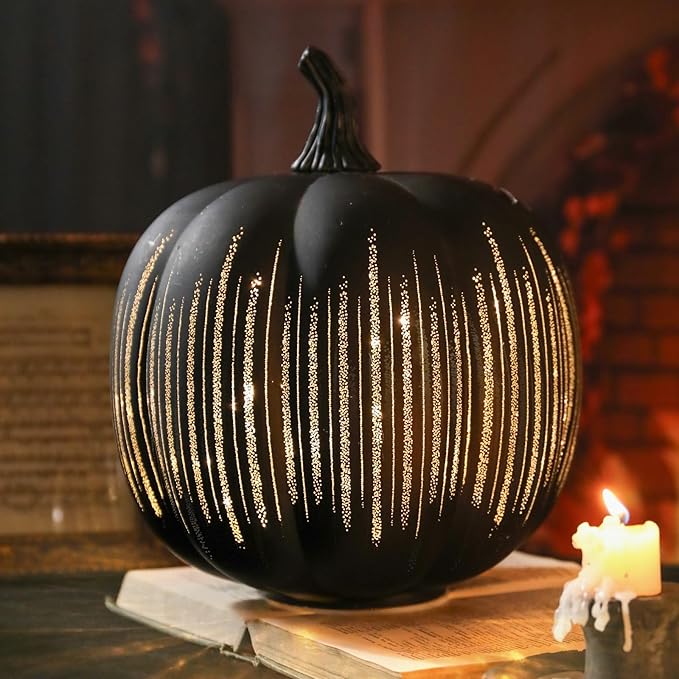 VCUTEKA Glass Pumpkin Lights, Lighted Pumpkins Halloween Decorations for Home, Pumpkin for Indoor Decor and Thanksgiving Centerpieces Tables Decor, Black