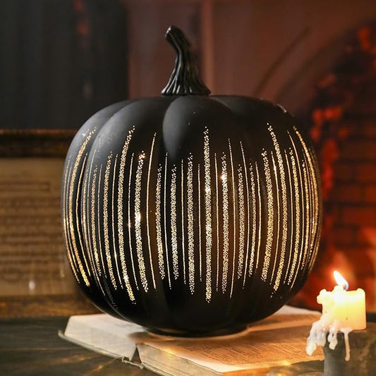 VCUTEKA Glass Pumpkin Lights, Lighted Pumpkins Halloween Decorations for Home, Pumpkin for Indoor Decor and Thanksgiving Centerpieces Tables Decor, Black