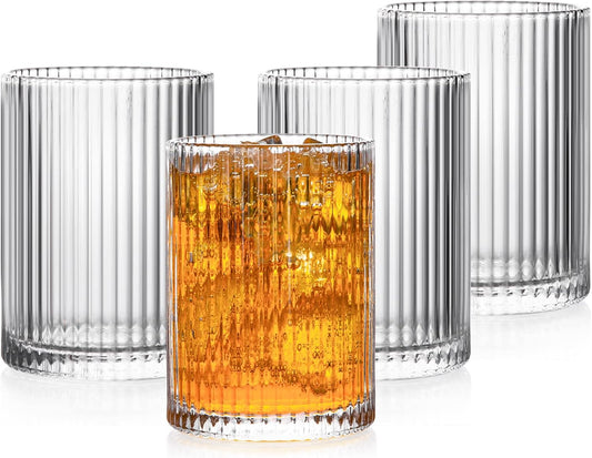 Drinking Glasses with Origami Style Set of 4 Glass Cups, 9oz Ribbed Glassware, Art Deco Drinking Glass, Elegant Ripple Vintage Glassware, Ideal for Cocktail, Whiskey, Soda, Juice