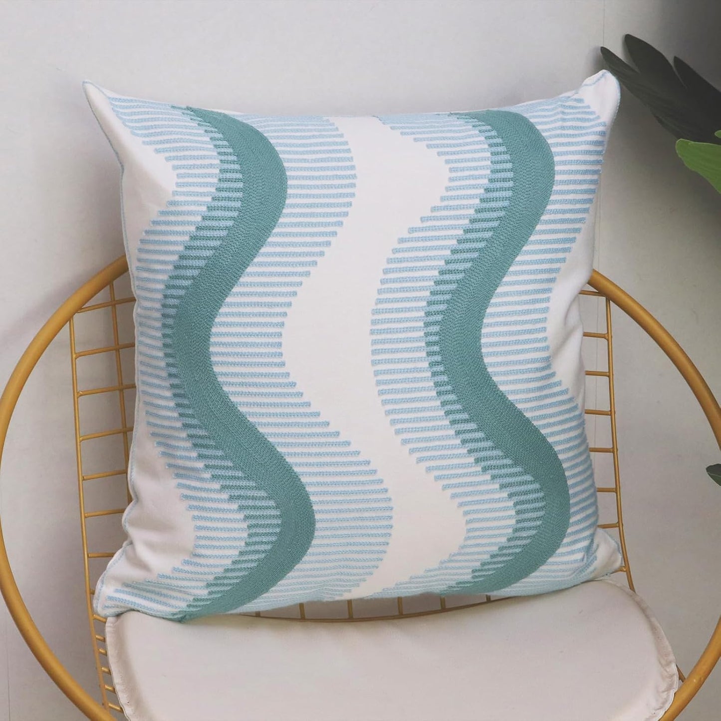 1 PCS Embroidered Throw Pillow Cover Cotton Decorative Square Cushion Cases for Home Sofa Bed and Chair 18 x 18 Inch (Blue Wave-2)