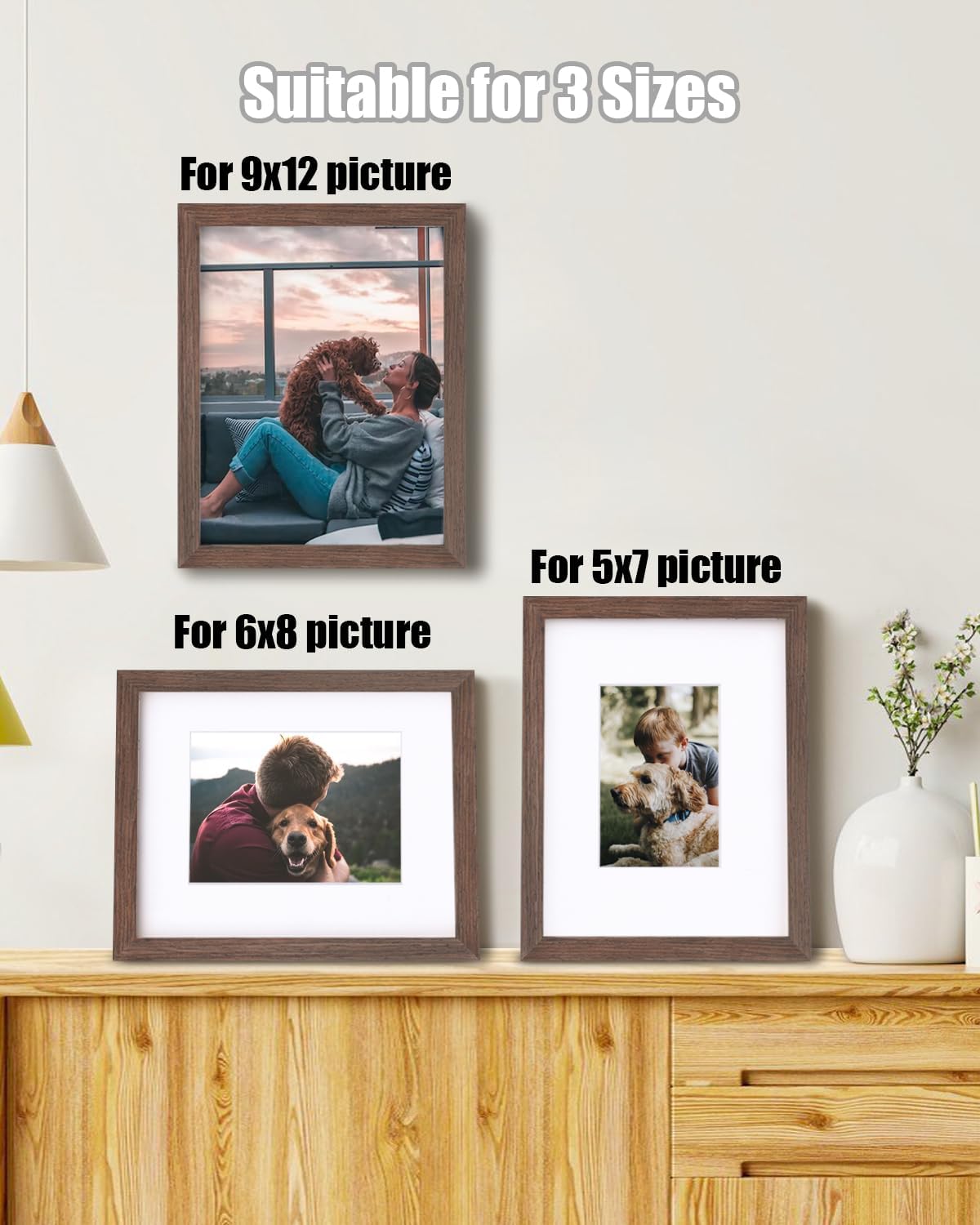 Egofine 9x12 Picture Frames Set of 4, Made of Solid Wood Covered by Plexiglass 5x7 and 6x8 with Mat or 9x12 without Mat, for Table Top Display and Wall Mounting Photo Frame Brown