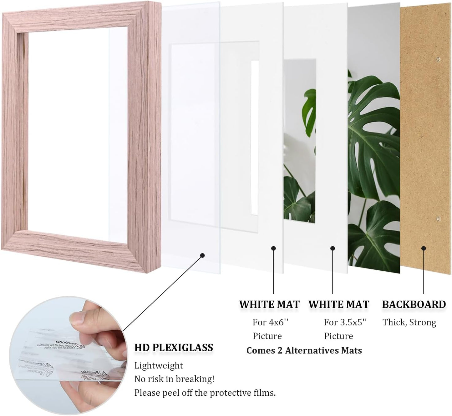 Egofine 5x7 Picture Frames Set of 4, Made of Solid Wood Covered by Plexiglass 3.5x5 and 4x6 with Mat or 5x7 without Mat, for Table Top Display and Wall Mounting Photo Frame Peach Pink