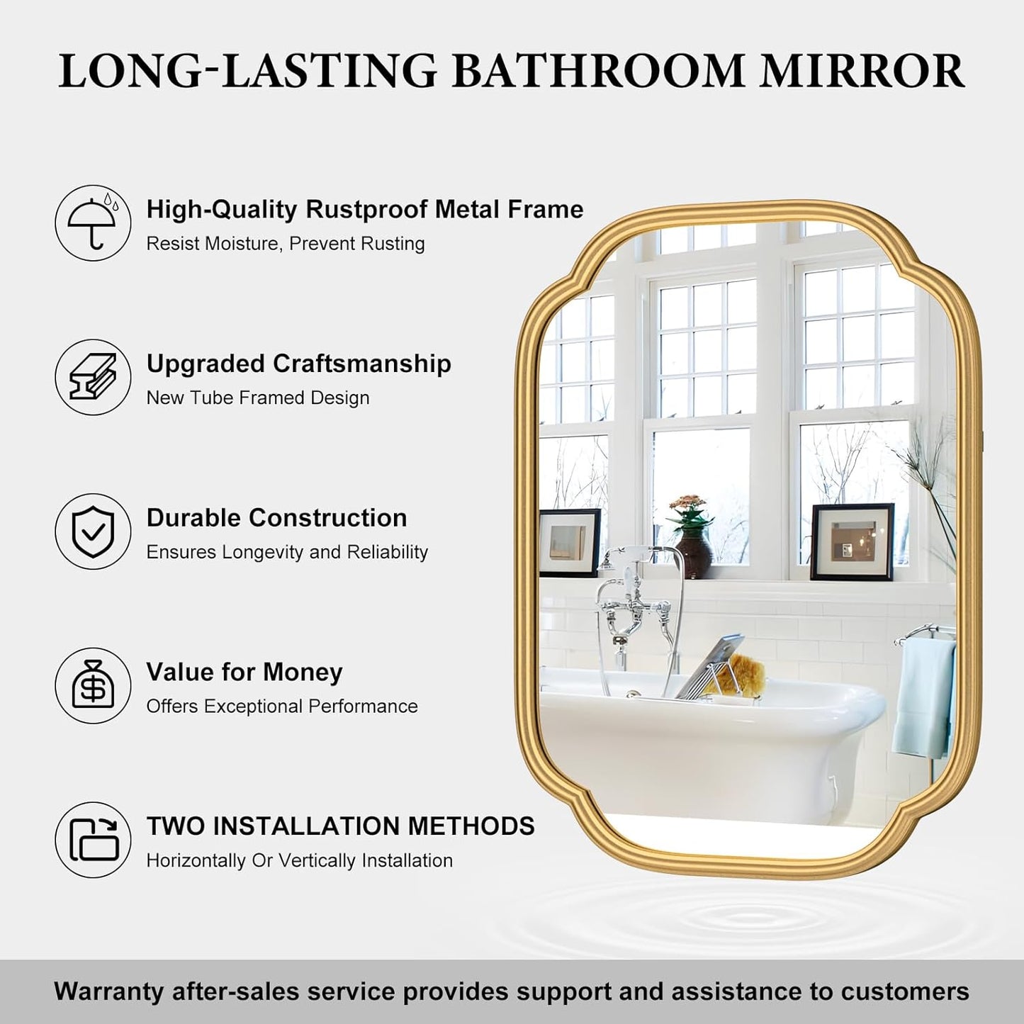 Gold Mirrors for Bathroom, 18" x 24" Rectangular Wall Mirror for Bathroom Metal Frame Farmhouse Rounded Corner Wall Mirror (Horizontal/Vertical)