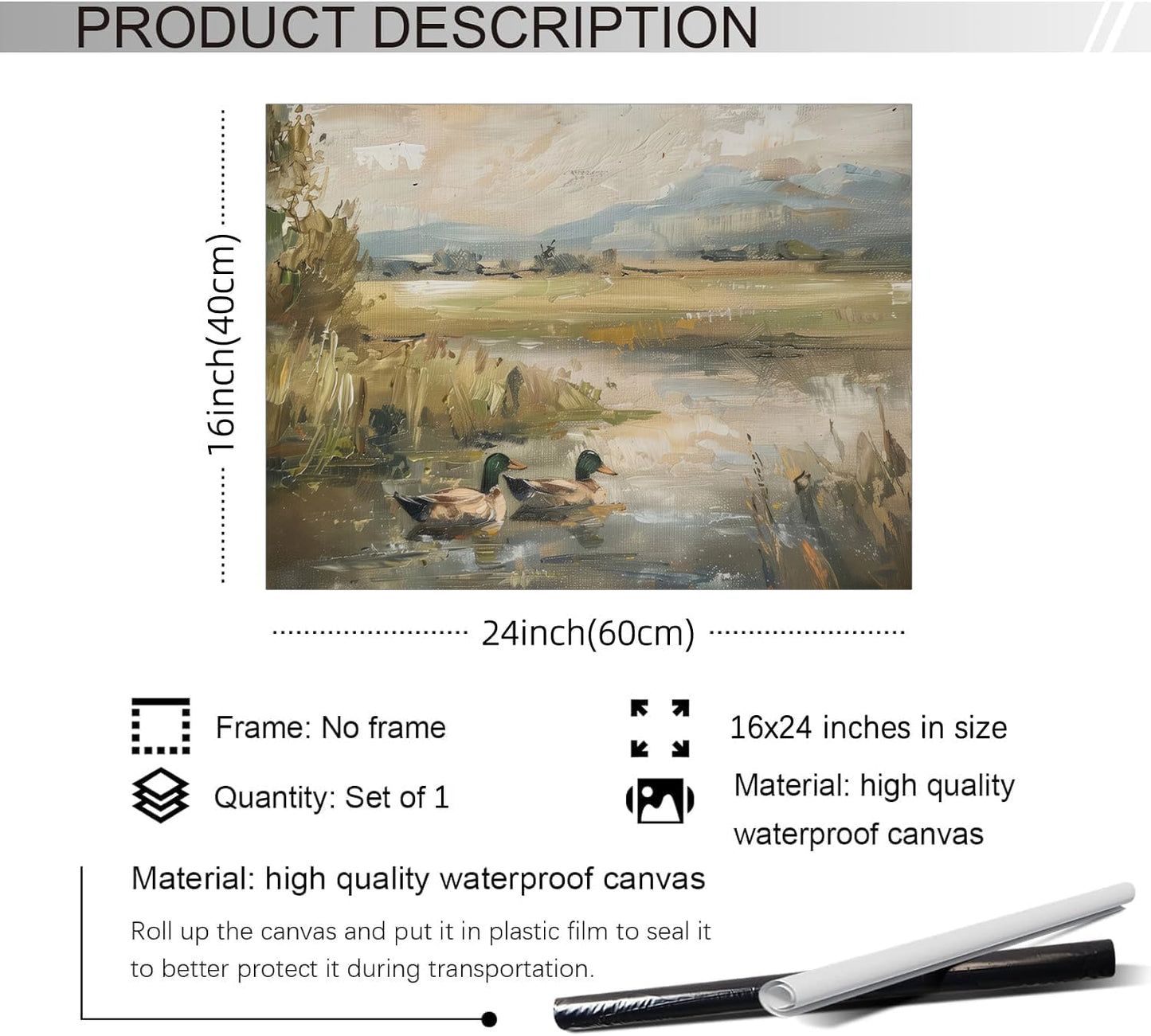 Mallard Duck Pond Poster Animal Farmhouse Canvas Wall Art Vintage Duck Painting Oil Painting Bird Hunter Gift for Rustic Cabin Nursery Wall Decor 16x24 inch Unframed