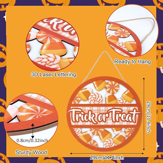 TOARTi 3D Halloween Trick or Treat Front Door Sign Hanging(11.4x11.4''), Rustic Lollipop Candy Cone Wall Decor, Farmhouse Halloween Wooden Plaque for Home Classroom Office