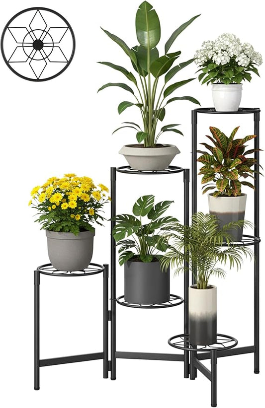 6 Tier Metal Plant Stands Outdoor Indoor, Heavy Duty Flower Pot Holder Potted Display Rack Shelf, Tall Corner Plant Shelf for Patio Garden Balcony Living Room Bedroom -BlackDiamond