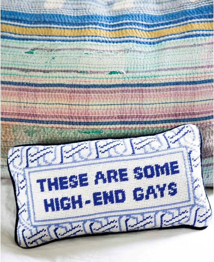 FURBISH Needlepoint Decorative Throw Pillow - High End Gays - 8" x 14" - Small Embroidered Accent Pillow for Bed, Chair, Couch, Sofa - Eclectic Home Decor