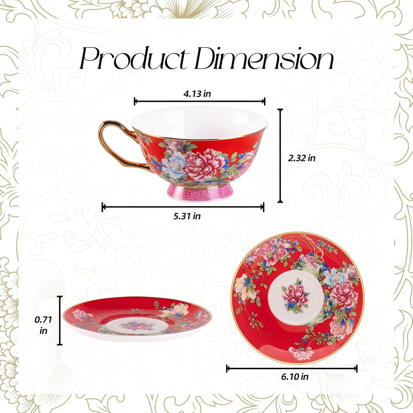 KAMMAK Ceramic Coffee Cups and Saucers Set of 2, Porcelain Espresso Cups with Saucers, 5.64 oz Handcrafted Ceramic Floral Coffee and Tea Cup, Vintage Drinkware for Tea Party, Office, Women Gifts