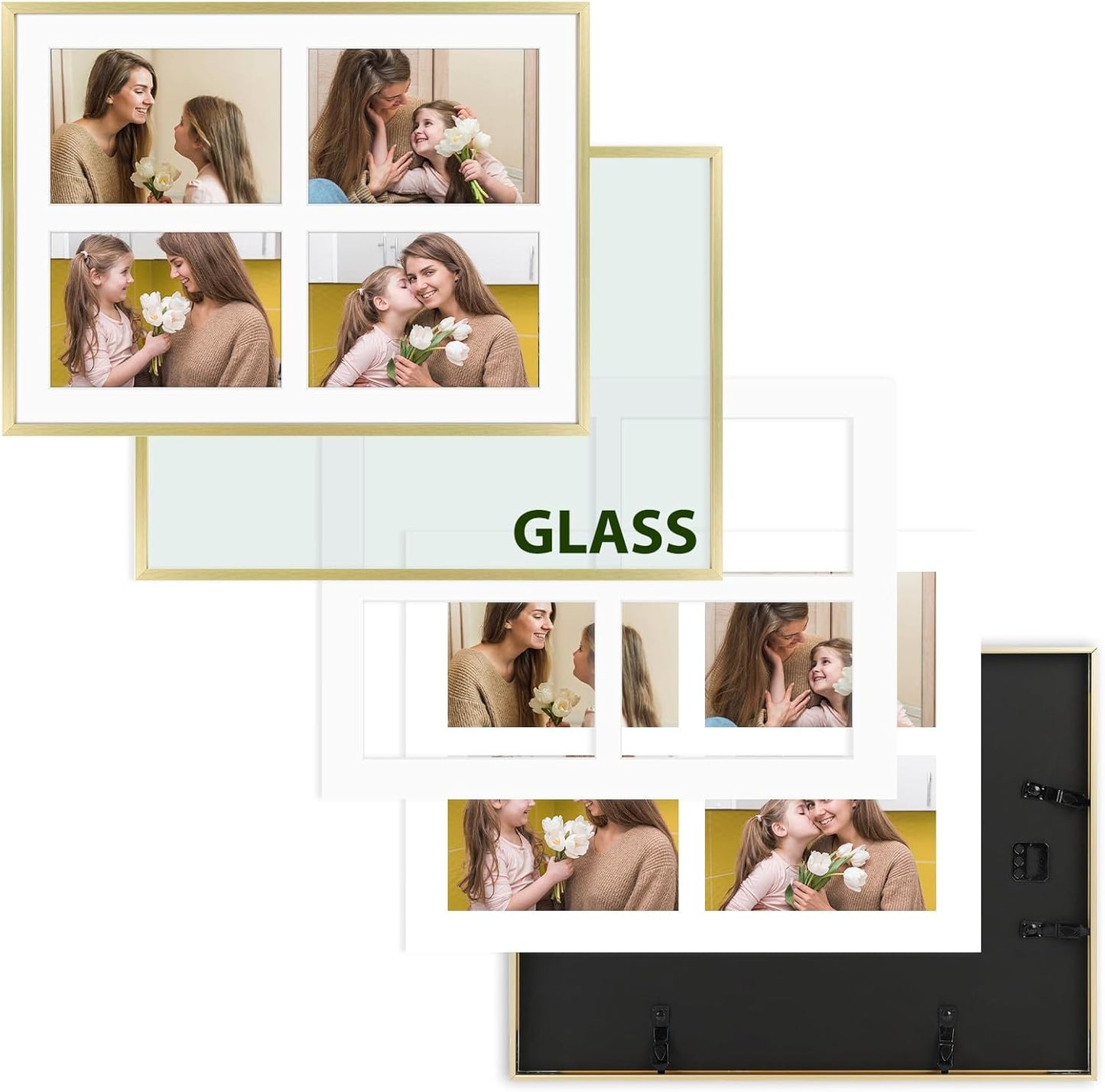 Frametory - 12x16 Aluminum Collage Picture Frame - Display 5x7 Pictures with 4 Openings Mat - Real Glass Front - Horizontal/Vertical Wall Mount - Gold 1 Pack