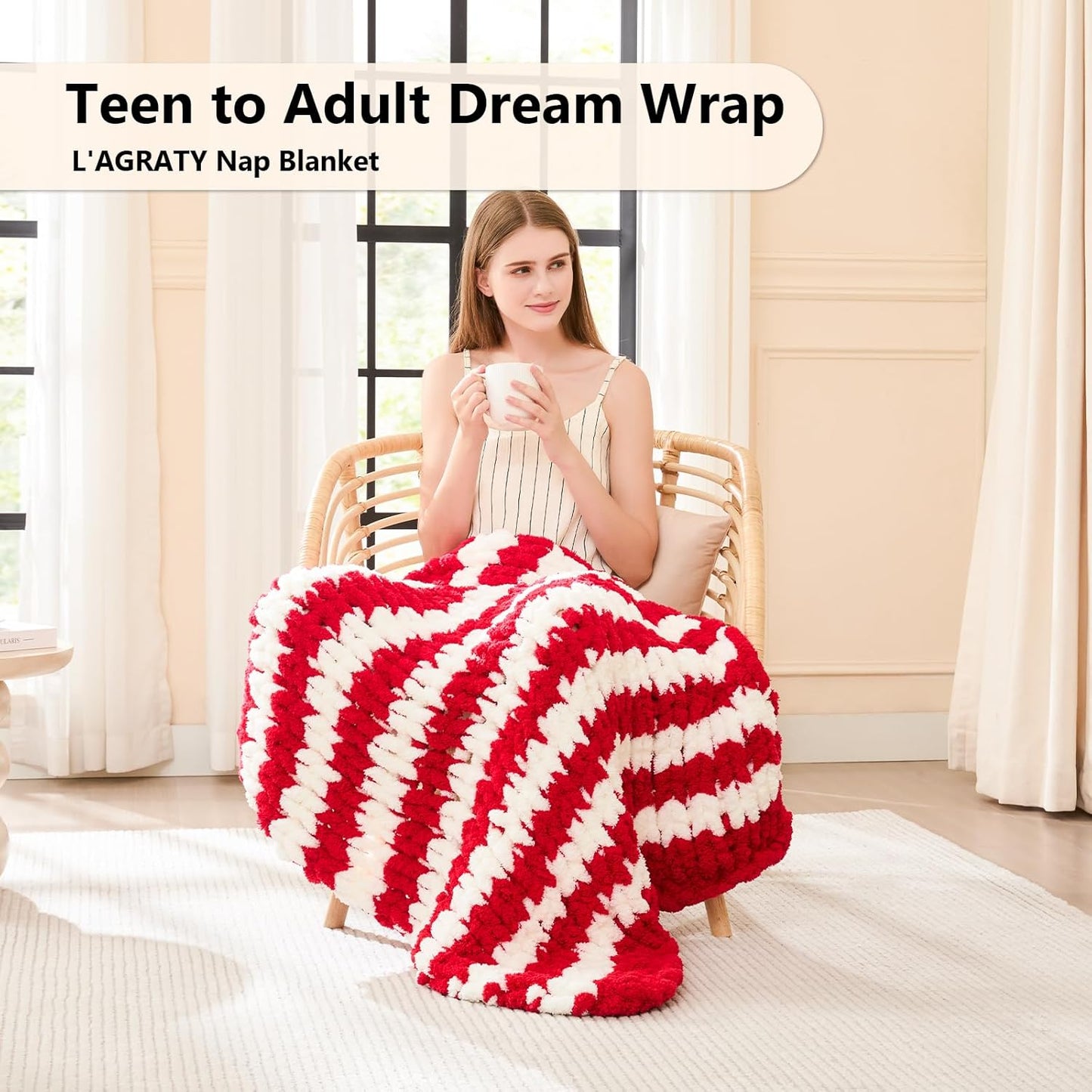 L'AGRATY Chunky Knit Blanket Throw - Soft Chunky Throw Blanket 30x40: 100% Hand Kintted Chenile Crochet Throw Blanket for Couch - Large Cable Knit Chunky Blanket for Home Decor(Red and White)