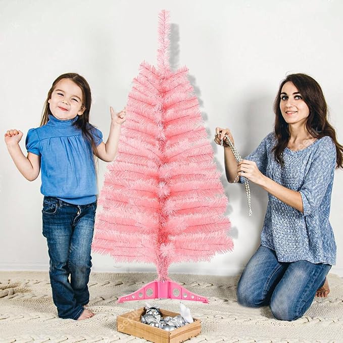3Ft Artificial Christmas Tree Pink Tabletop Christmas Tree with Plastic Stand Mini Xmas Pine Tree for Indoor Outdoor Holiday Home Decoration