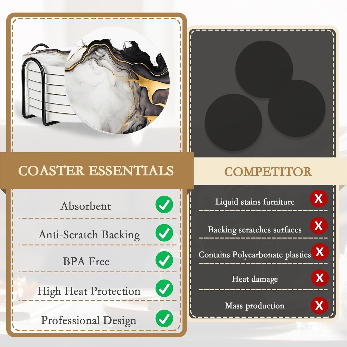 Black Gold Marble Ceramic Coaster Set of 6, Water-Absorbent Beverage Pads for Dining Table Decor & Glass Protection