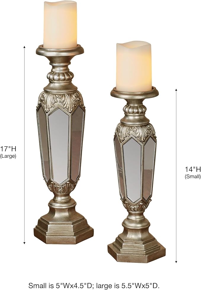 Touch of Class Adeana Platinum Mirrored Candleholders Set - Pair Candle Holder - Small, Large Sizes - Stunning Reflection - Beautiful Holders for Bedroom, Living Room, Mantel