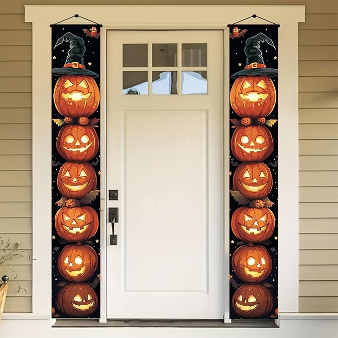 Halloween Door Banner 12x71 Inch Porch Hanging Front Door Indoor Outdoor Stacked Pumpkin Tower Witch Hat Bat Spooky Decorations Vertical Banner