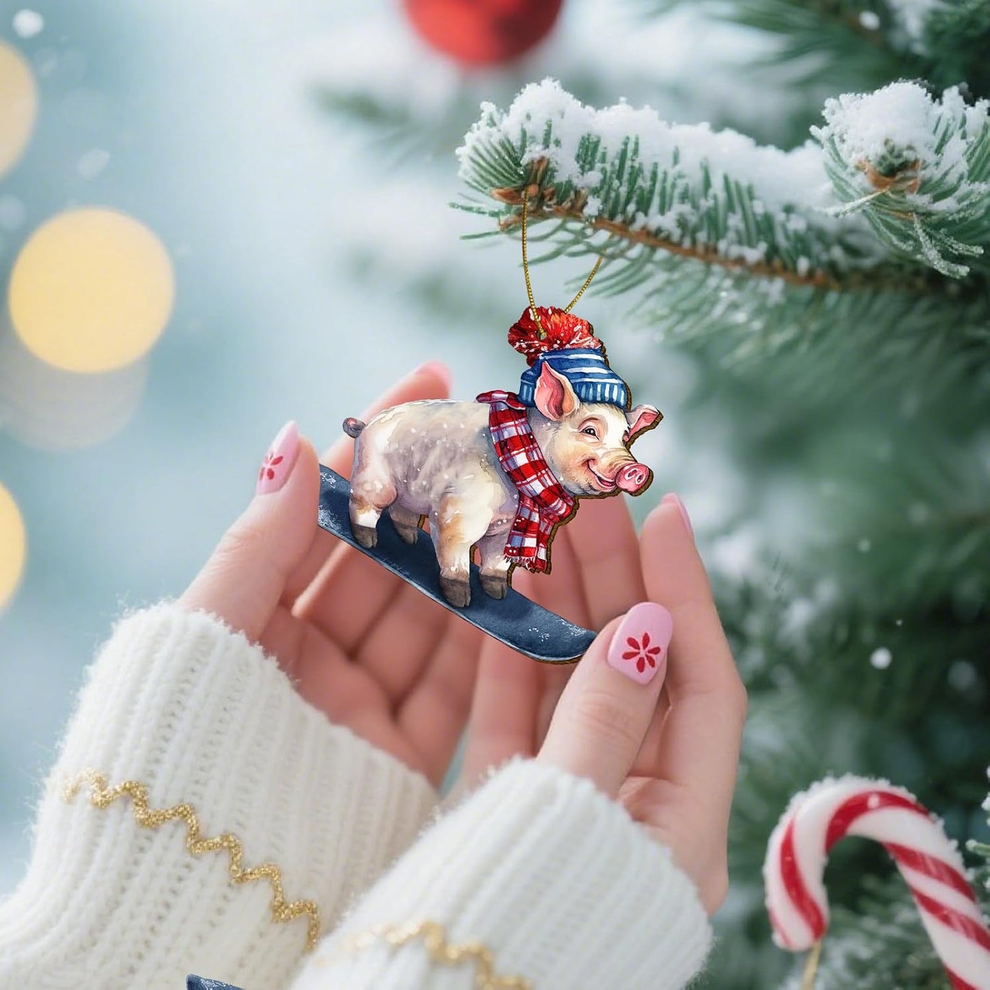 Funny Pig Ornament for Christmas Tree, 2-Side Printed Flat Wooden Ornament, Farmhouse Decor, Farm Animal Gifts for Women