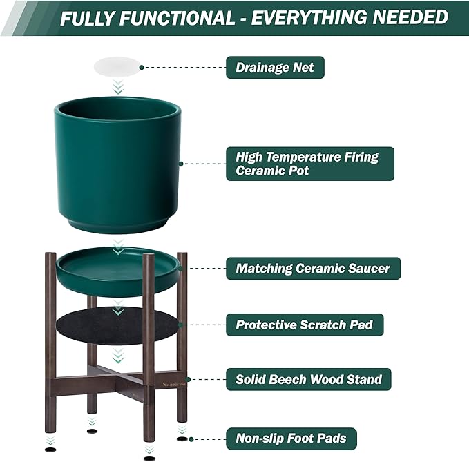 D'vine Dev Ceramic Planter with Walnut Color Stand - 8 Inch Modern Round Flower Pot with Wood Planter Holder, Teal, 55-B-Y-4