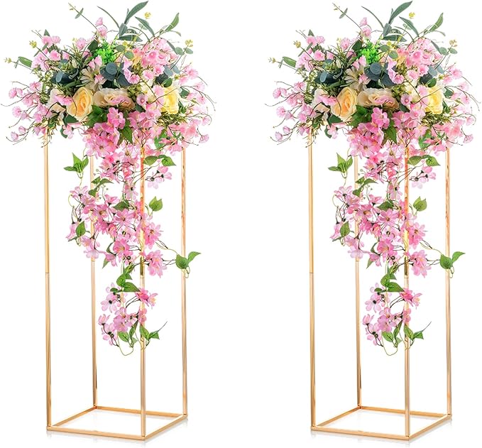 NUPTIO 2 Pcs Metal Flower Floor Vase Column Geometric Centerpieces Flower Stand for Tables, 31½ inch Tall Gold Flower Holder for Home Party Wedding Decorations, Rectangular Display Rack