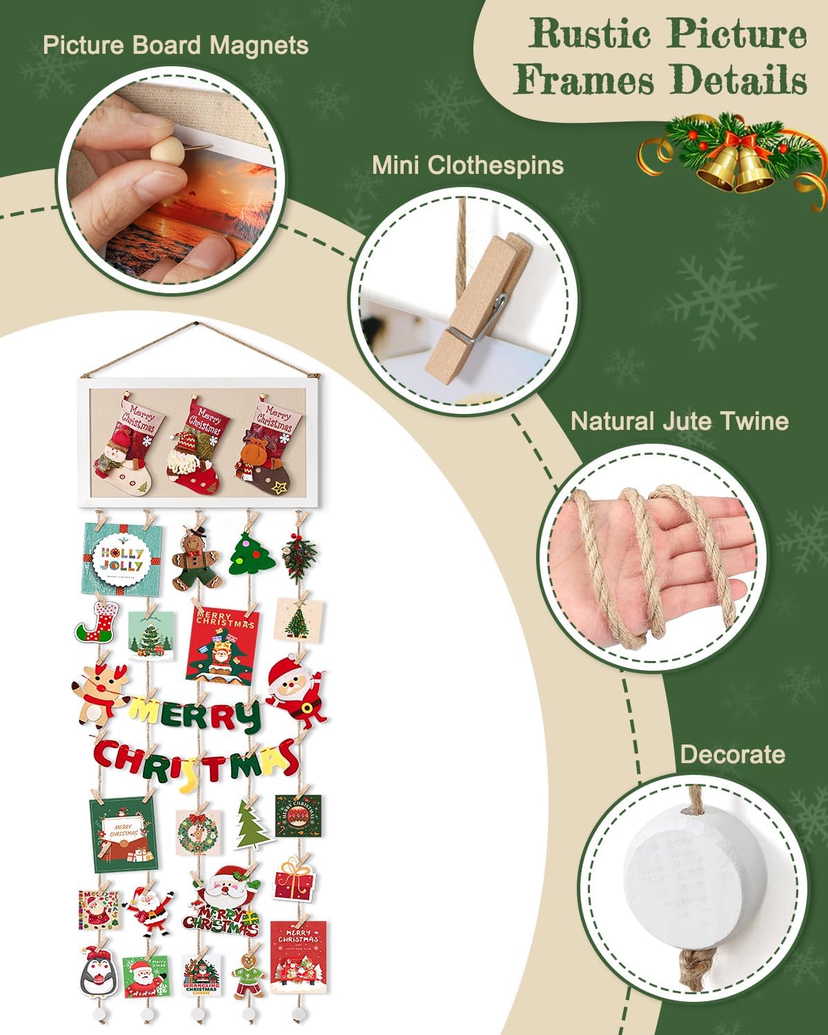 Bikoney Large Collage Picture Frame with Bulletin Board, Hanging Photo Display for Multiple Pictures, Wall Photo Organizer with 30 Clips & 6 Pushpins, Self Adhesive Hooks – No Drill Wood Photo Board for Room Decor