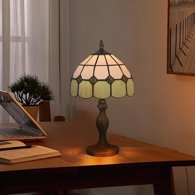 Tiffany Table Lamp 8'', Green Tiffany Style Table Lamp for Bedroom Study Office Home Stained Glass Lamp