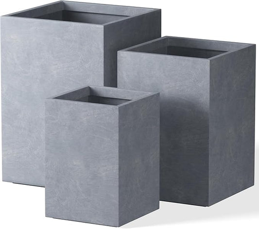 Kante 18.5",15.7",12.6" H Tall Rectangular Concrete Planters Set of 3, Outdoor Indoor Lightweight Plant Pots with Drainage Hole and Rubber Plug, Modern Style for Home Garden Patio, Slate Gray