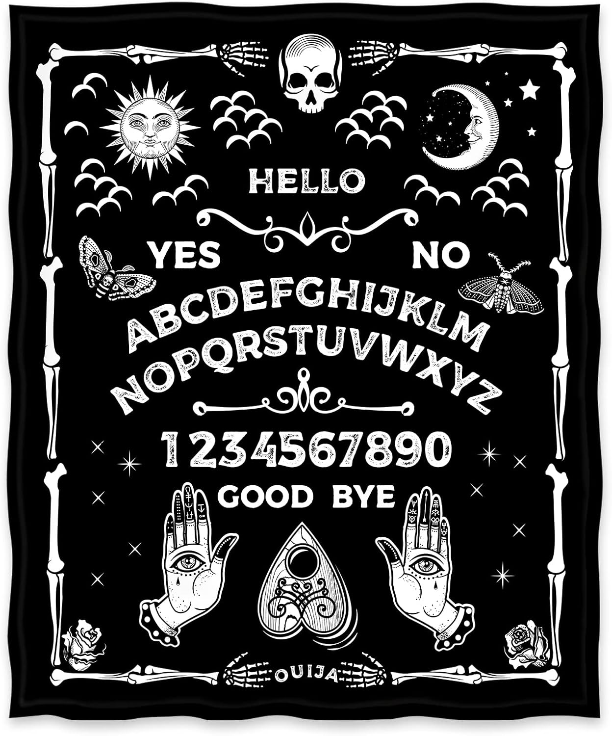 Jekeno Ouija Board Blanket Spooky Horror Gifts for Halloween Sun Moon Skeleton Skull Presents for Women Men Kids Girls Home Bedroom Birthday Christmas Thanksgiving Decor Throw Black 60"x80"