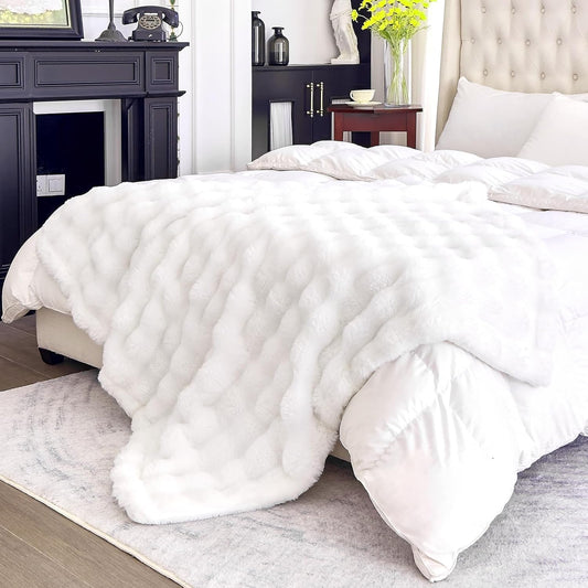 Faux Fur White Throw Blanket for Couch - Super Soft Heavy Flufyy Thick Bubble Throw Blankets for Bed Bedroom Living Room Farmhouse Sofa Chair Fall Winter Warm, 90x108 Inch
