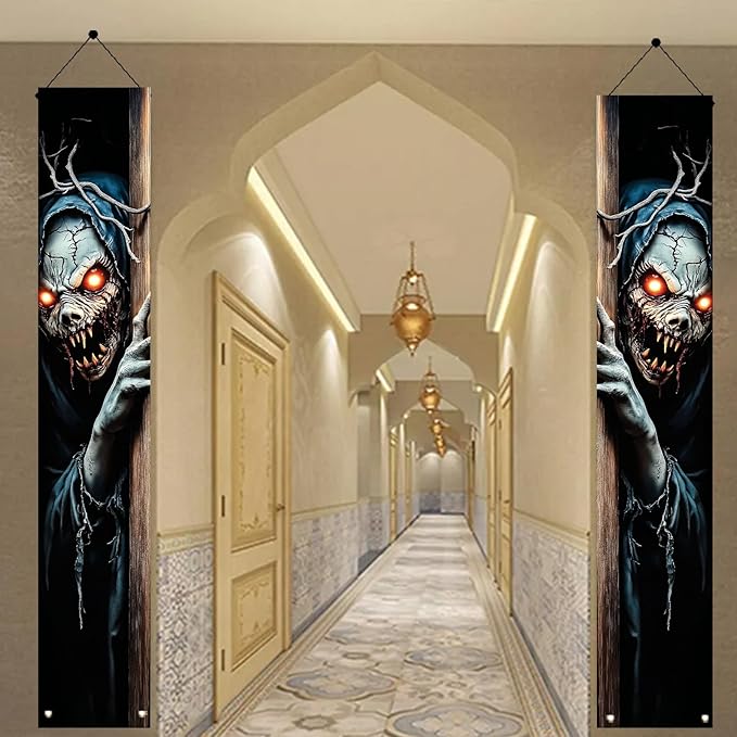 2PCS Halloween Porch Banner Scary Skeleton Demon Vertical Hanging Decorations for Front Door Outdoor Horror Welcome Door Sign Spooky Party Decor Haunted House Entrance Backdrop 71 x 12 Inch