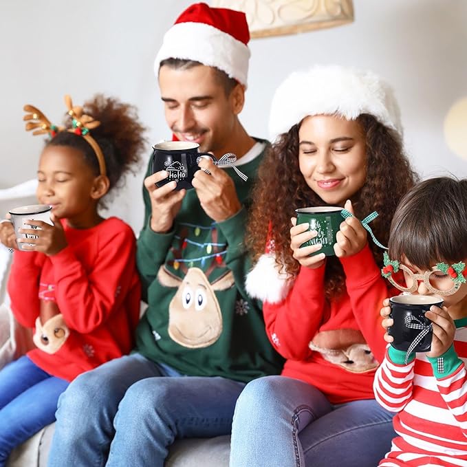 Zubebe Christmas Coffee Mugs Set of 12, 12 oz Hot Cocoa Ceramic Holiday Mugs Set for Mom, Woman, Family, Friend - Farmhouse Tiered Tray Decor, Coffee Bar Decor(Dark Green, Black, White)