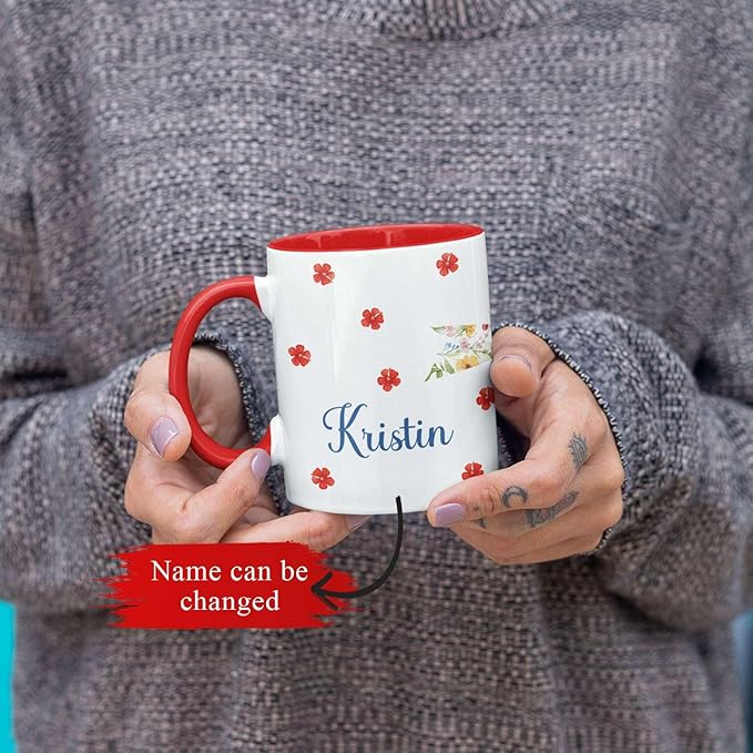 1PCS Personalized Name White Coffee Mug, Custom Floral Bow Full Wrap Cup 11oz or 15oz, Bow with Colorful Wildflowers on Ceramic Cup, Cute Spring-Inspired White Mug, Gifts for Her