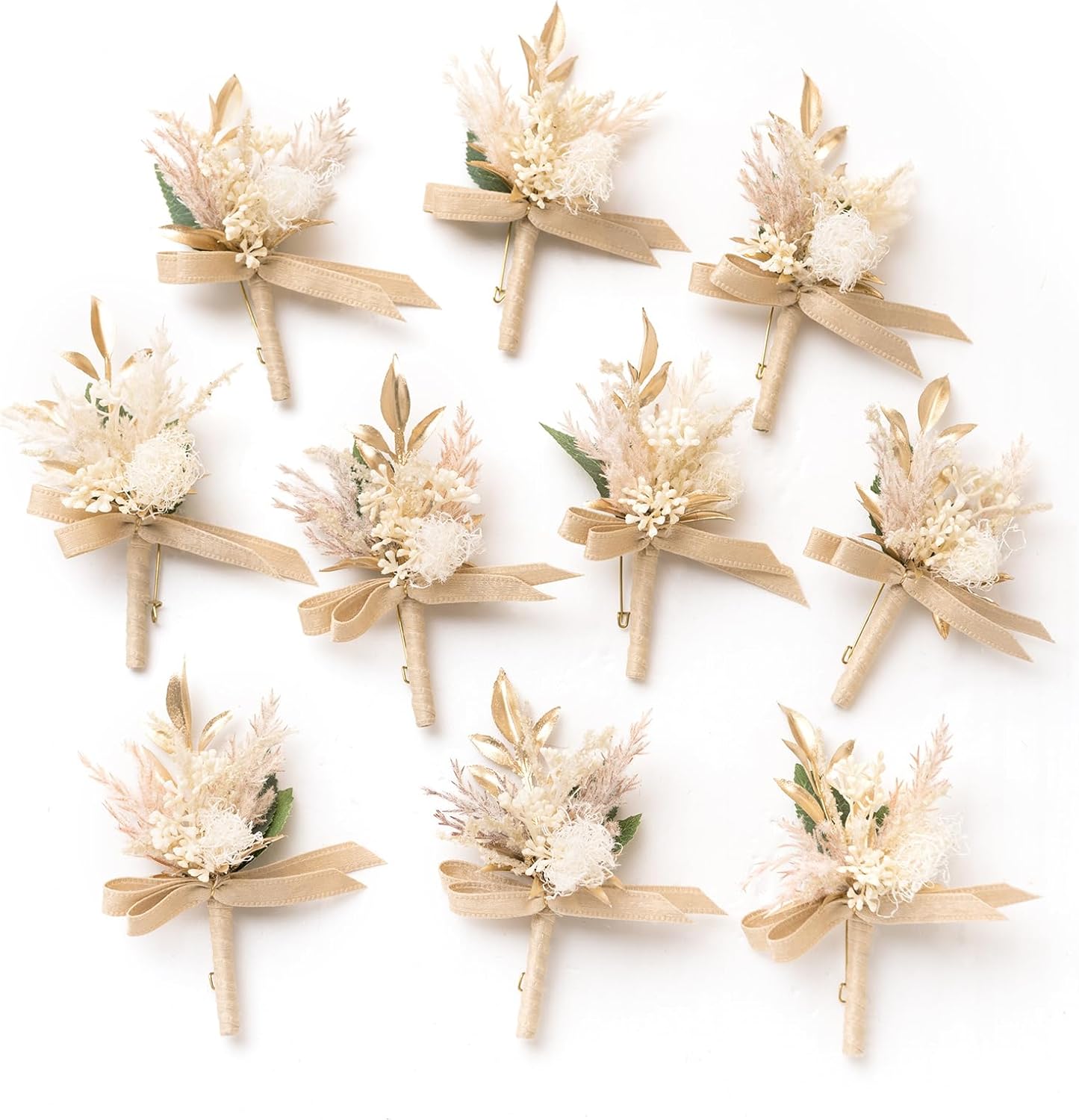 Ling's Moment Boutonniere for Men, 10pcs Groomsmen Guest Boutonniere, Artificial Flowers for Wedding Décor/Prom/Homecoming,etc.Beige