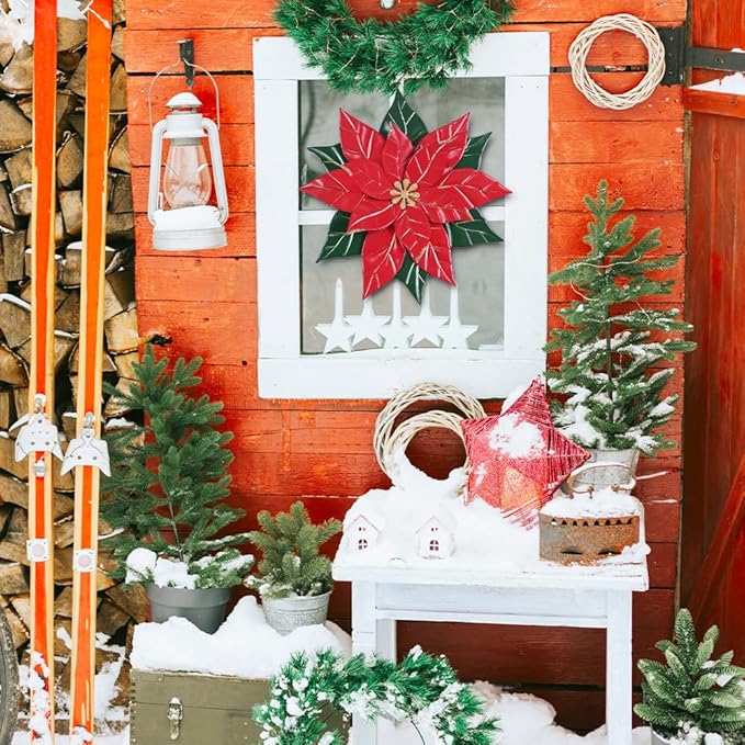 YEAHOME Chrismas Wall Decorations Indoor - 16 inch Metal Flower Wall Art Decor, Poinsettia Yard Garden Decor Hanging for Kitchen, Bathroom, Bedroom, Handmade Gift for Home, Indoor or Outdoor