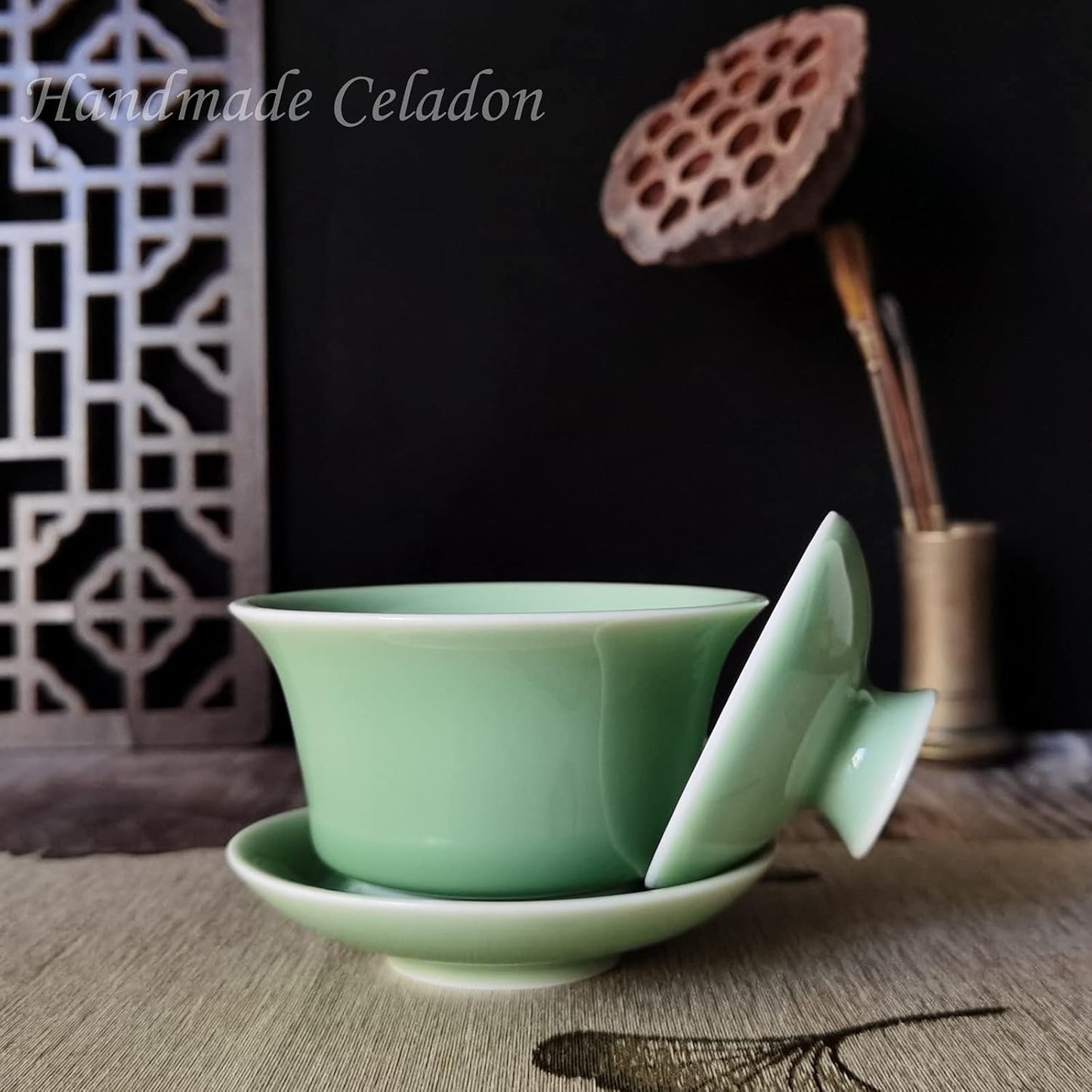 Gaiwan Kung Fu Teacups with Lid 5-Ounce Teacup and Saucer Set Porcelain Chinese Celadon(Green)