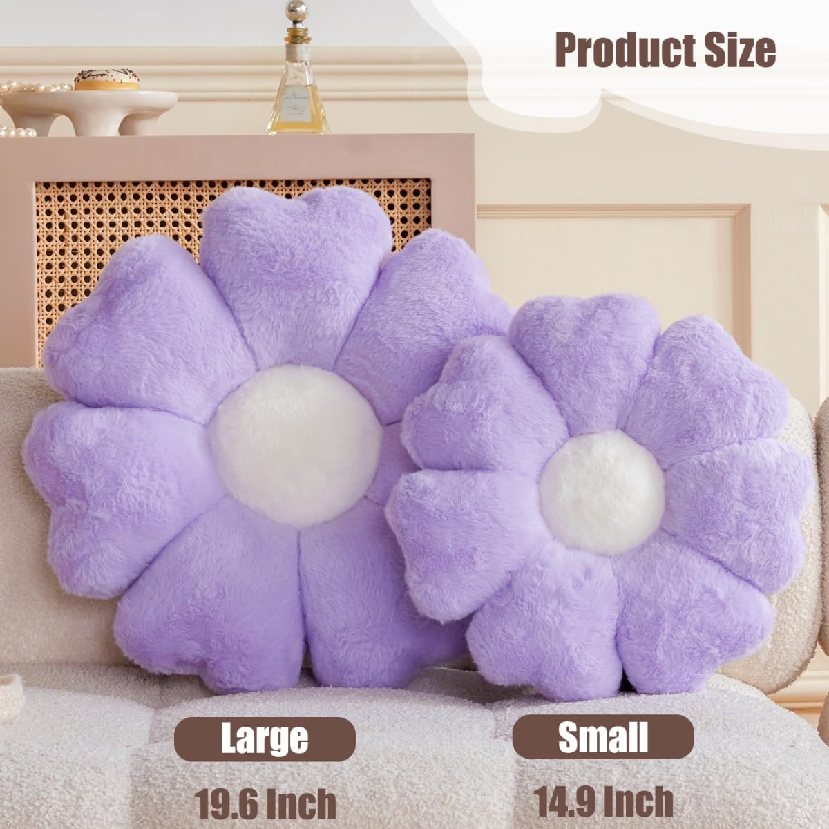 Flower Pillow, Lavender Daisy Flower Decorative Pillows for Bed, Cute 19.6" Flower Shaped Pillow with Soft Faux Rabbit Fur Dorm Home Decor Floor Seating Cushion