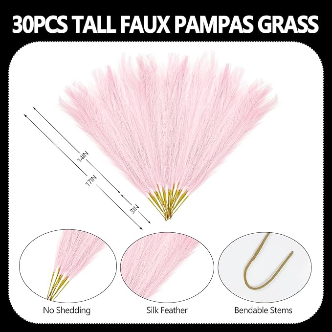 30 Pcs Light Pink Faux Pampas Grass, 17 Inches Artificial Pampas Grass Bulk, Short Fluffy Faux Pompas for Vase Filler, Home Boho, Wedding Anniversaries, Baby Shower Decoration