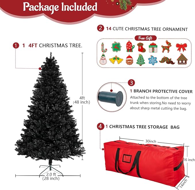 ULICO 4ft Artificial Black Christmas Tree,Premium Spruce Xmas Tree with 450 Branch Tips, Fake Christmas Tree with Foldable Metal Base Stand,Home, Office,Party Decoration