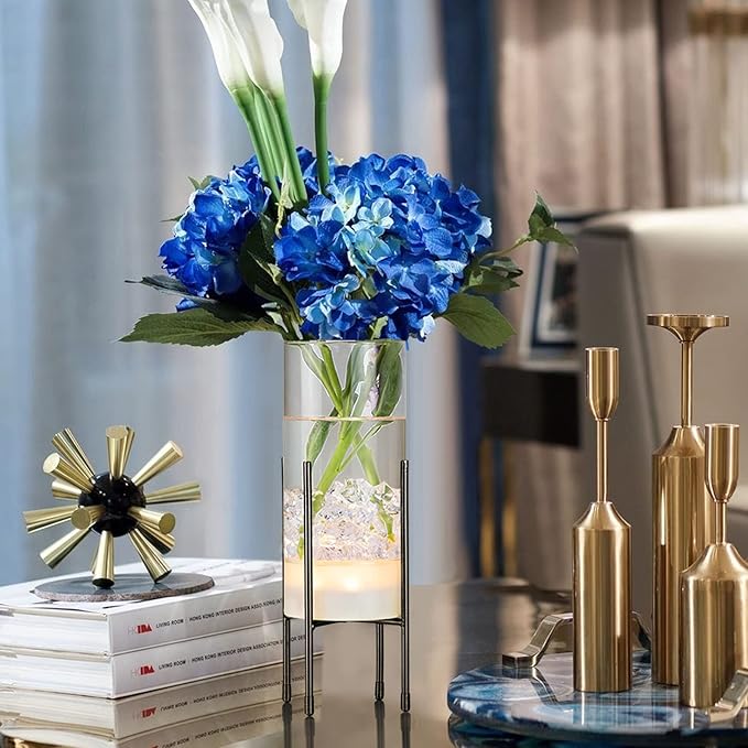 Flower Vase for Decor, for Flowers Plants, Clear Vase with Black Stand, Modern Decorative with Timer LED Lights Battery Operated,Centerpiece/Wedding/Party(Set of 2)